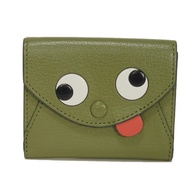 二手Anya Hindmarch Zani 迷你三折錢包，山羊皮，卡其綠色，按扣閉合，鈔票夾，卡包，RIBON金屬，蕨類植物三折錢包