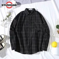 KYUSHUAD เสื้อเชิ้ตแขนยาวลายสก็อตผู้ชาย เสื้อเชิ้ตคอปกลำลอง เสื้อเชิ้ตผู้ชาย