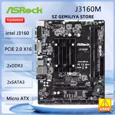 ASROCK J3160M Motherboard Intel Quad-Core Processor J3160 DDR3 16GB 2xSATA PCIe 2.0 x16 Micro ATX