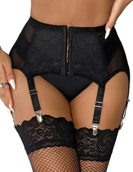 ohyeah High-Waisted Garter Belt Plus Size- Lace Mesh Suspenders Belt with 6 Metal Clip for Stockings
