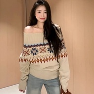 Korean Style Lazy Soft Waxy Style One-Shoulder Sweater Women 2025 Autumn Winter Retro Jacquard Sweat