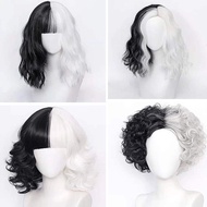 【Cosplay wig】 Dalmatians Movie Version Cruella Wig Black And White Two-color Short Curly Hair Anime 