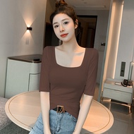 Ice ผ้าไหม Modal Short Sleeve Square ปกเสื้อ ผู้หญิง เสื้อท่อนบน สลิมฟิต Low ปกเสื้อ Thin ฤดูร้อน สี