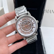 代購Armani手錶 亞曼尼男士手錶 鏤空全自動機械錶 時尚潮流男生腕錶 商務休閒男錶 休閒百搭銀色鋼鏈錶AR1980
