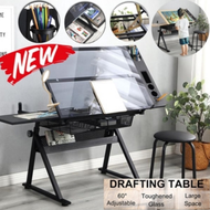 Lamp，Drafting glass table with extra side table drawers and leather padded stool adjustable dra