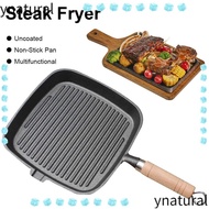 YNATURAL Steak Pan, Cast Iron Uncoated Cast Iron Skillet, Premium Wooden Handle Square Design Non-St