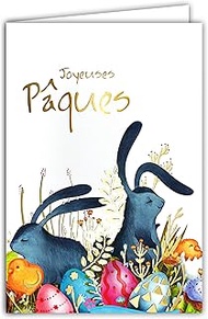 62-1025 Happy Easter Card in Shiny Gold with Envelope 12 x 17.5 cm Illustration Rabbit Chick Hunting