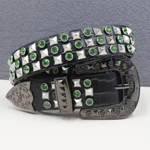 Western Cowboy Rivet Rhinestone Punk Emo Leather Men Belt Fashion Jeans Causal Pants Black Nightclub
