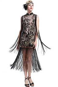 [BABEYOND] 1920s Flapper Dress Long Fringe Gatsby Dress 1920s Flapper Gatsby Costume Floral Beaded V