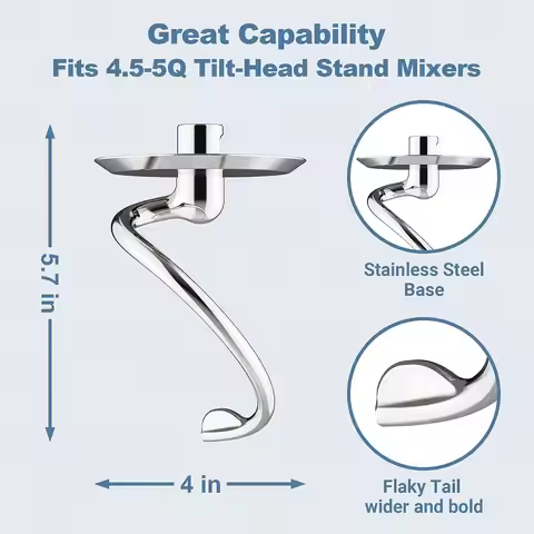 Dishwasher Safe,Spiral Dough Hook for Kitchenaid Stand Mixer, 4.5 Qt - 5 Qt Tilt-Head Attachments fo