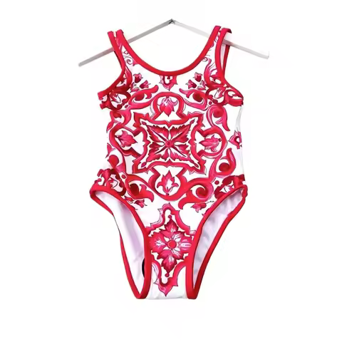 Toddler Girls Red Majolica Tile Print One Piece Swimsuit Kids Summer Beach Pool Bathing Swimwear