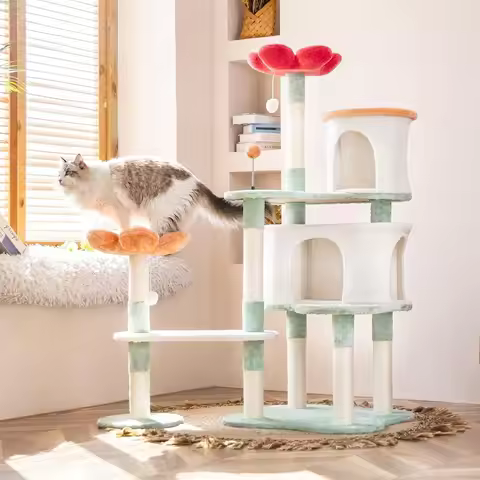 56.3in Flower Dign Cat Tree, Foldable Multi-Level Tower for Large Cats, Space-Saving Cat Furniture S