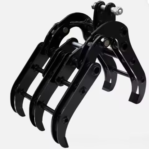 Excavator parts for machines under 2 tons, including buckets, rippers, log grapples, thumb clamps, a