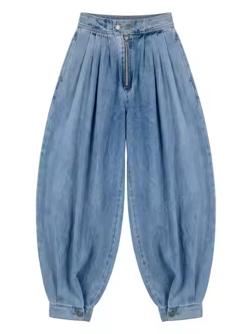 Missuoo Women's Light Blue High Waist Zip-Up Cuffed Baggy Denim Jeans Retro Streetwear Baggy Pants f