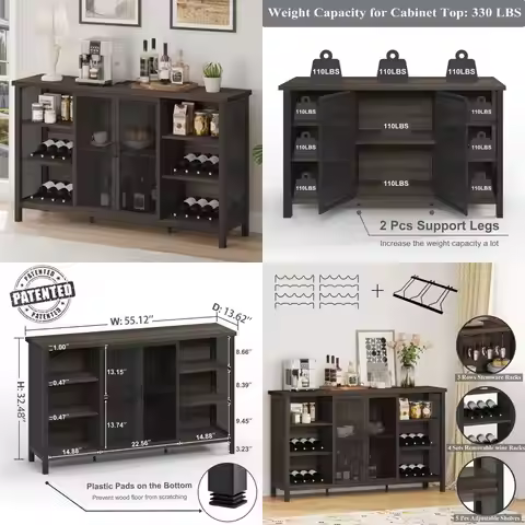 Industrial Style Farmhouse Bar Cabinet for Liquor Storage and Glass Display
