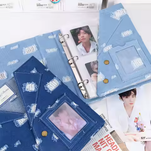 Large A5 Distressed Denim Card Binder 3Ring D-Ring 4-Pocket Photo Album for 3"/6" Photocard Postcard