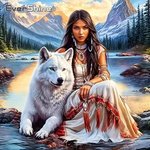 Evershine Diamond Embroidery Woman Portrait Full Square Painting Wolf Rhinestones Picture Mosaic Mou