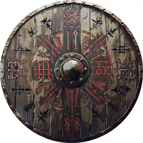 2D Flat Vintage Viking Shield Aluminum Wall Hanging Sign Intricate Runes Design Multipurpose Indoor 