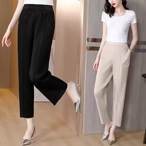Women Casual Elegant Ladies Issey Miyak New Designer Loose Straight Pleated Pants High Waist Trouser