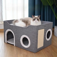 LDECO Foldable Cat House with Scratching Board | Kitten Tunnel Villa | Semi-Enclosed Cat Bed