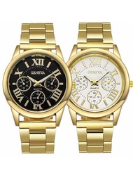2 piezas moda pareja Set Relojes lujo Hombres Mujer informal de negocios Reloj cuarzo simple Reloj de pulsera de acero inoxidable con tira del amante Reloj regalos
