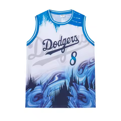 Basketball Jersey - Blue & White Marble/Abstract Landscape Print "8" Number "Dodgers" Logo Artistic 