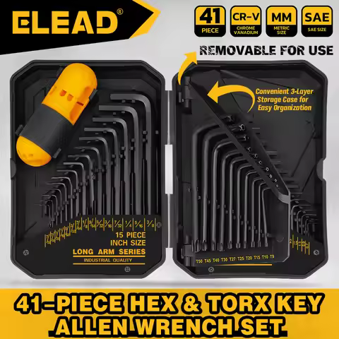 ELEAD 41PC Hex Key Allen Wrench Set Standard SAE(0.028"-3/8") & Metric(0.7mm-10mm) & Torx(T9-T50) in