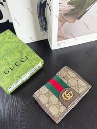Gucci 經典老花面折疊款織帶卡包