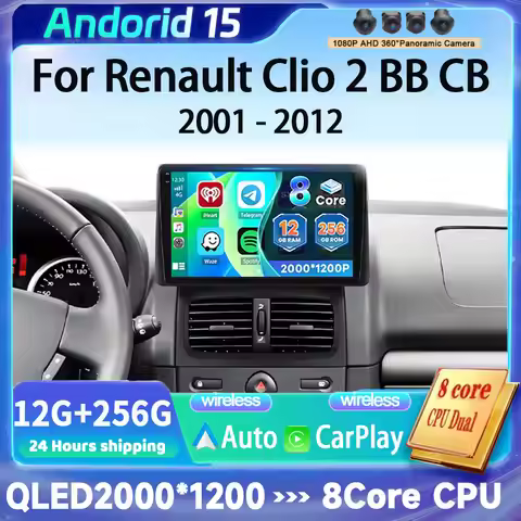Android 15 Car Radio For Renault Clio 2 BB CB 2001 - 2012 Wireless Carplay GPS 2K QLED Screen Stereo