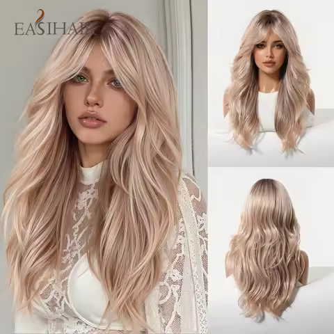 Rose Blonde Ombre Brown Long Natural Wave Synthetic Wigs with Bangs for Women Heat Resistant Daily C