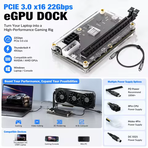 PCIE3.0 X16 22Gbps eGPU Dock Thunderbolt 4 External Graphics Card Dock for NVIDIA AMD Windows Laptop