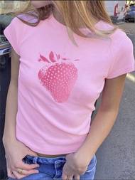 Manfinity VCAY 男士夏季輕盈透氣針織草莓熱帶水果印花圓領短袖粉色T恤，適用於海灘度假、父親節、母親節和各種節日