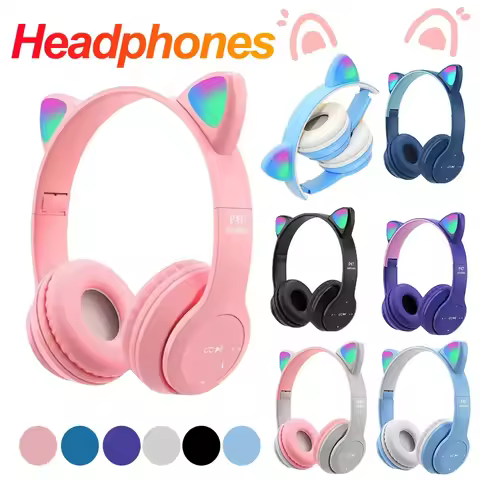 Flashing LED Cute Cat Ears Headphones Bluetooth Wireless Headset with Mic P47M Kid Girl Stereo Music