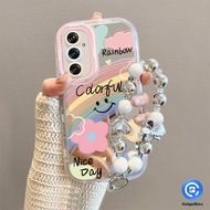 MERAH HP Aesthetic cellphone Case for girls Pink flowers and rainbow smiley faces With bracelet Case