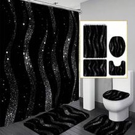 1/3/4 Sets Black & Gold Glitter Wavy Bathroom Shower Curtain Set; Luxury Design, Waterproof & Durabl