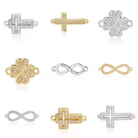 3pcs/Lot Cross Copper Cubic Zirconia Connector Charm Four-leaf clover Infinite 8 CZ Bracelet Anklet 