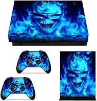 FOTTCZ Vinyl Skin for Xbox One X Console &amp; Controllers Only, Sticker Decorate and Protect Equipment Surface, Blue Fire Evil Spirit