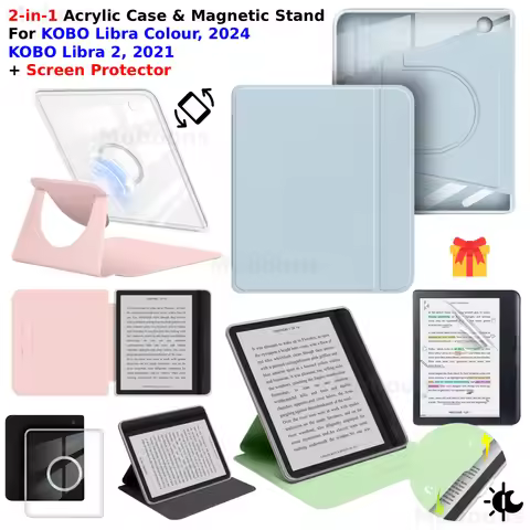 For KOBO Libra Colour/Libra 2 Case+Screen Protector 360° Rotatable 2-in-1 Magnetic Detachable Acryli