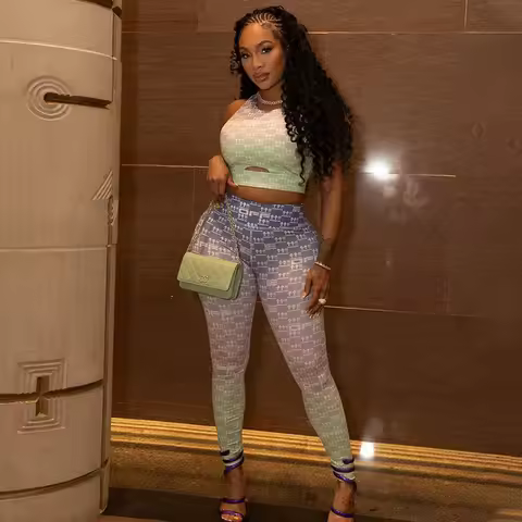 Gradient Print Slim Fitness Yoga Workout 2 Piece Set Women Summer Tracksuit O Neck Sleeveless Vests 