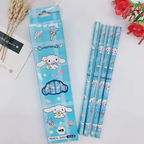 Hello Kitty Kuromi Pencil Case Set Cute Cartoon-Style Solid-Color 2B Pencils 12-Pack HB Writing Penc