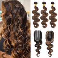 Brown Highlight Body Wave 2x6 HD Lace Closure with Bundles Human Hair 18 20 22+18 In #1b/30
