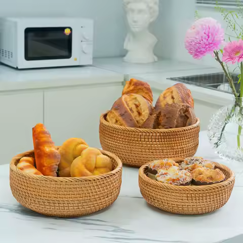 Serving Bowl Set of 3 For Organizing Kitchen Natural Rattan Picnic Basket Round Stackable