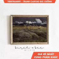 Tranh treo tường Vintage Moody Grassy Meadow Painting Stormy Mountain Valley Art Rustic Cabin Art