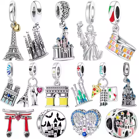 Landmark Building Charms 925 Sterling Silver Eiffel Tower Statue of Liberty Beads Keychain Metal Bra