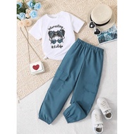 S819 (8-12Y) GIRL FIGURE GRAPHIC T-SHIRT WITH CARGO PANTS FOR GIRL