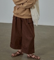 復古卷邊設計牛仔褲 | 棕色純棉高腰直筒闊腿褲 | 簡約百搭長褲
