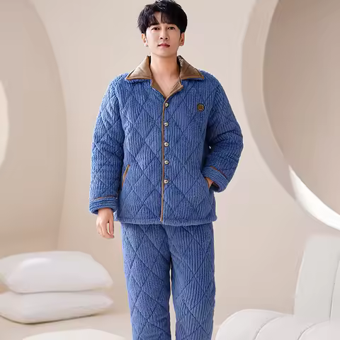 Winter Splice Pajamas Men Thick Quilted Pajama Set Casual Home Clothes Coral Fleece Sleepwear Suits 