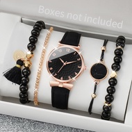Ladies Watch Fashion Digital Dial Ladies Belt Quartz Watch Black Turquoise Beaded Bracelet (Without Box)