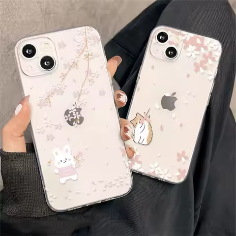 Cherry Blossom Rabbit Cat Cartoon Cute Kawaii Phone Case For iPhone 16 15 14 13 12 11 Pro XR X Max 7