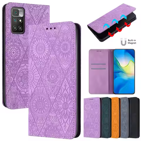 For Xiomi Redmi 10 Case Mandala Totem Leather Magnetic Case for Etui Xiaomi Redmi 10 Phone Cover Red